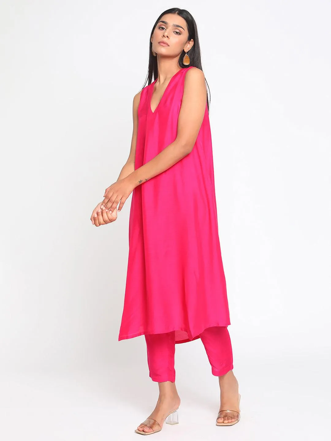 Silk Pink Sleeveless Kurta Pant Set