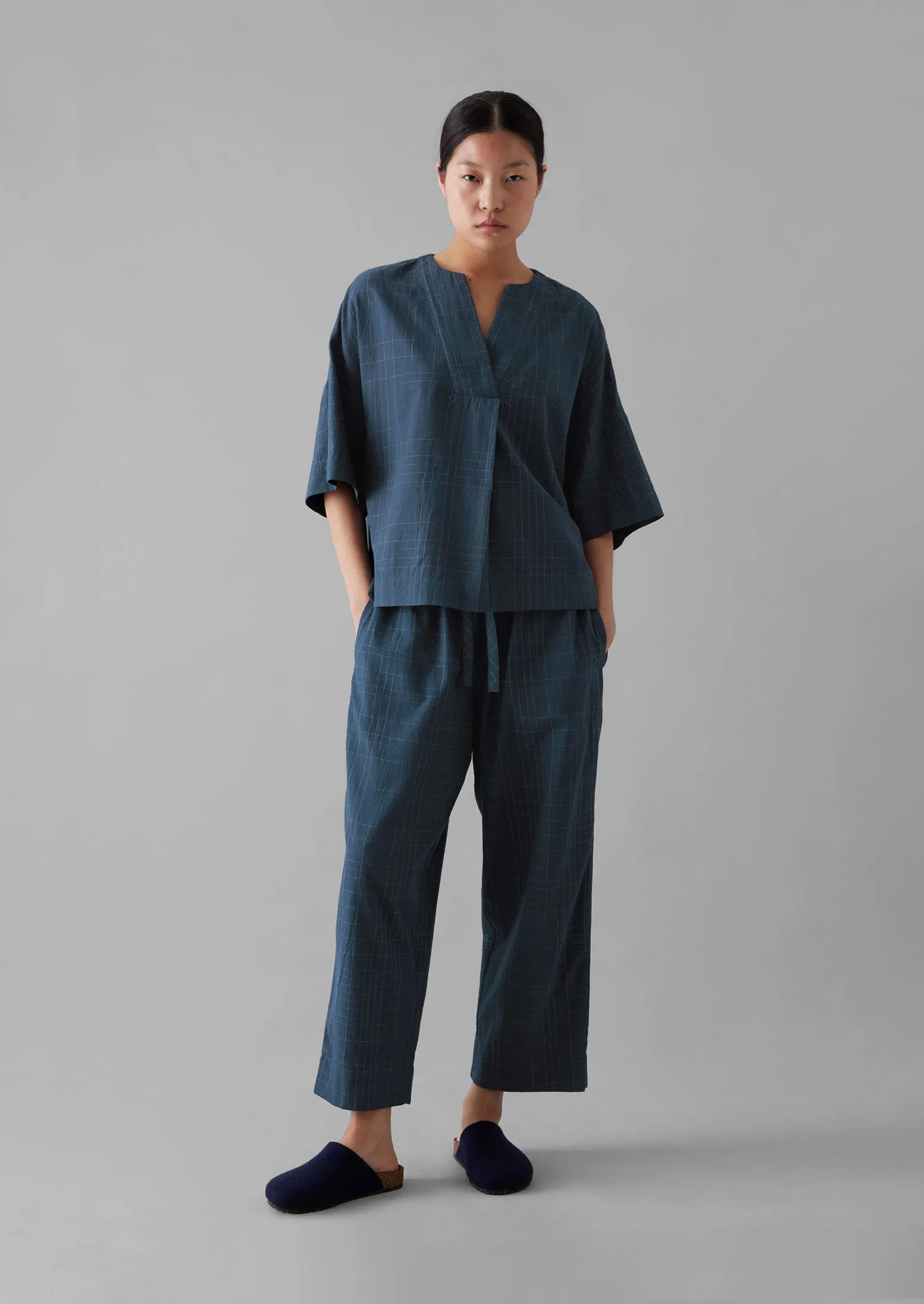 Sketched Check Cotton Pyjama Top | Twilight/Ecru