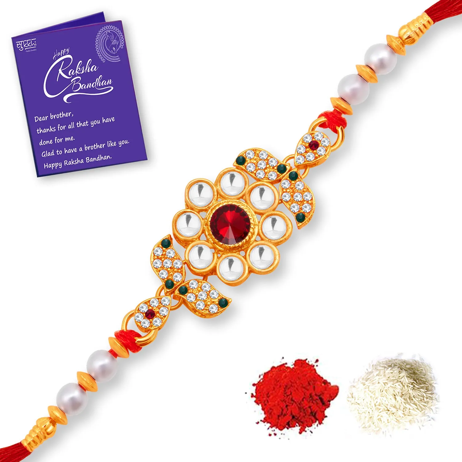 Sukkhi Amazing Gold Plated Floral Rakhi with Roli Chawal and Raksha Bandhan Greeting Card for Men