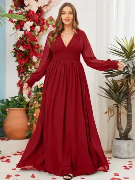 Women Plus Size V-neck Chiffon Long Sleeve Evening Dresses for Bridesmaid Party