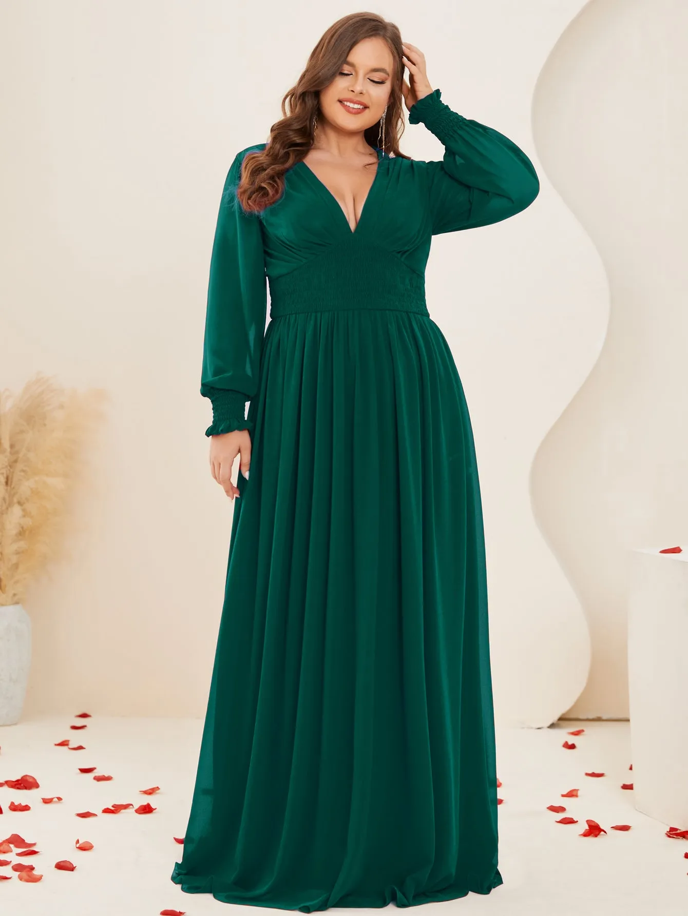 Women Plus Size V-neck Chiffon Long Sleeve Evening Dresses for Bridesmaid Party