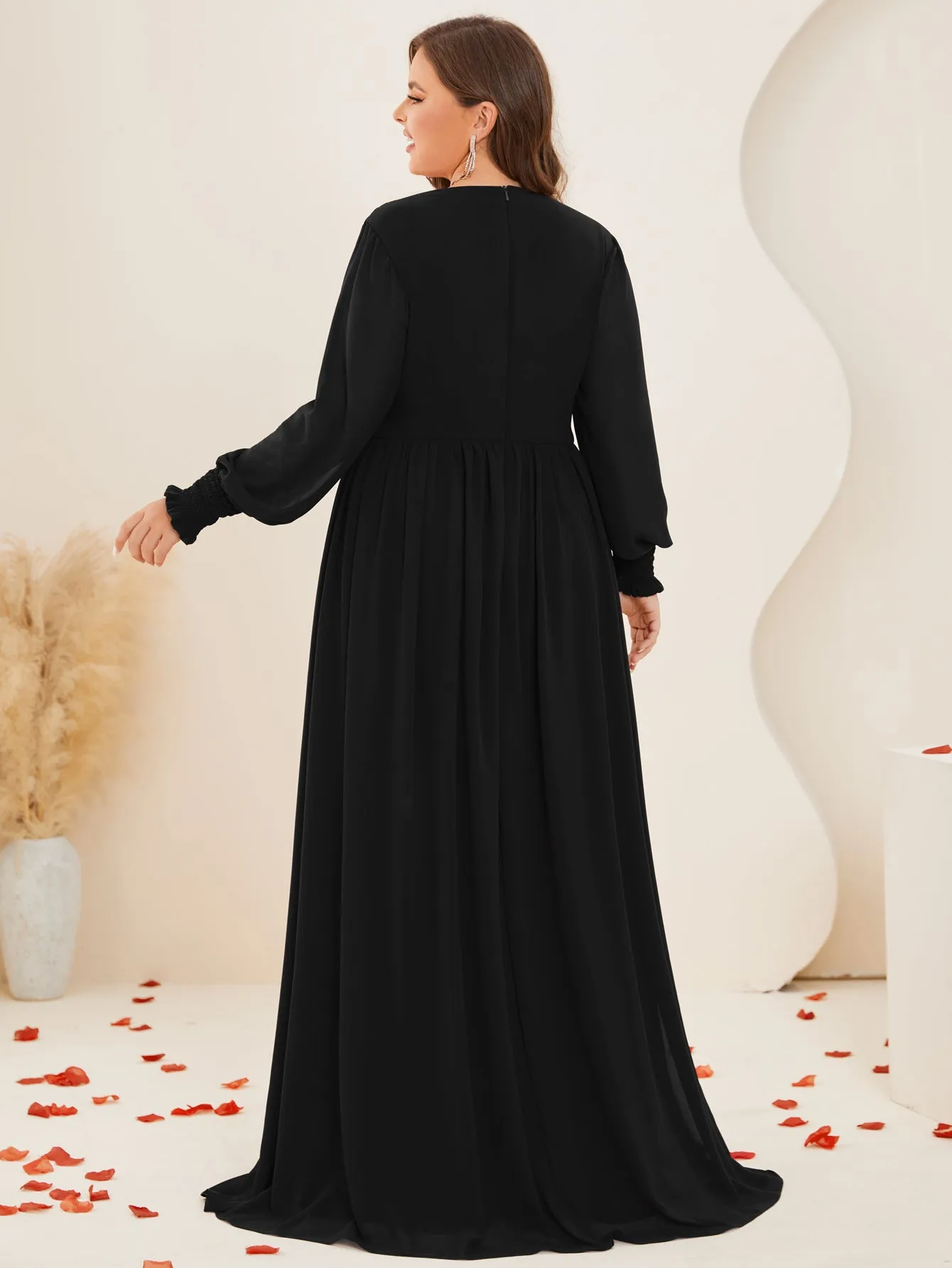 Women Plus Size V-neck Chiffon Long Sleeve Evening Dresses for Bridesmaid Party