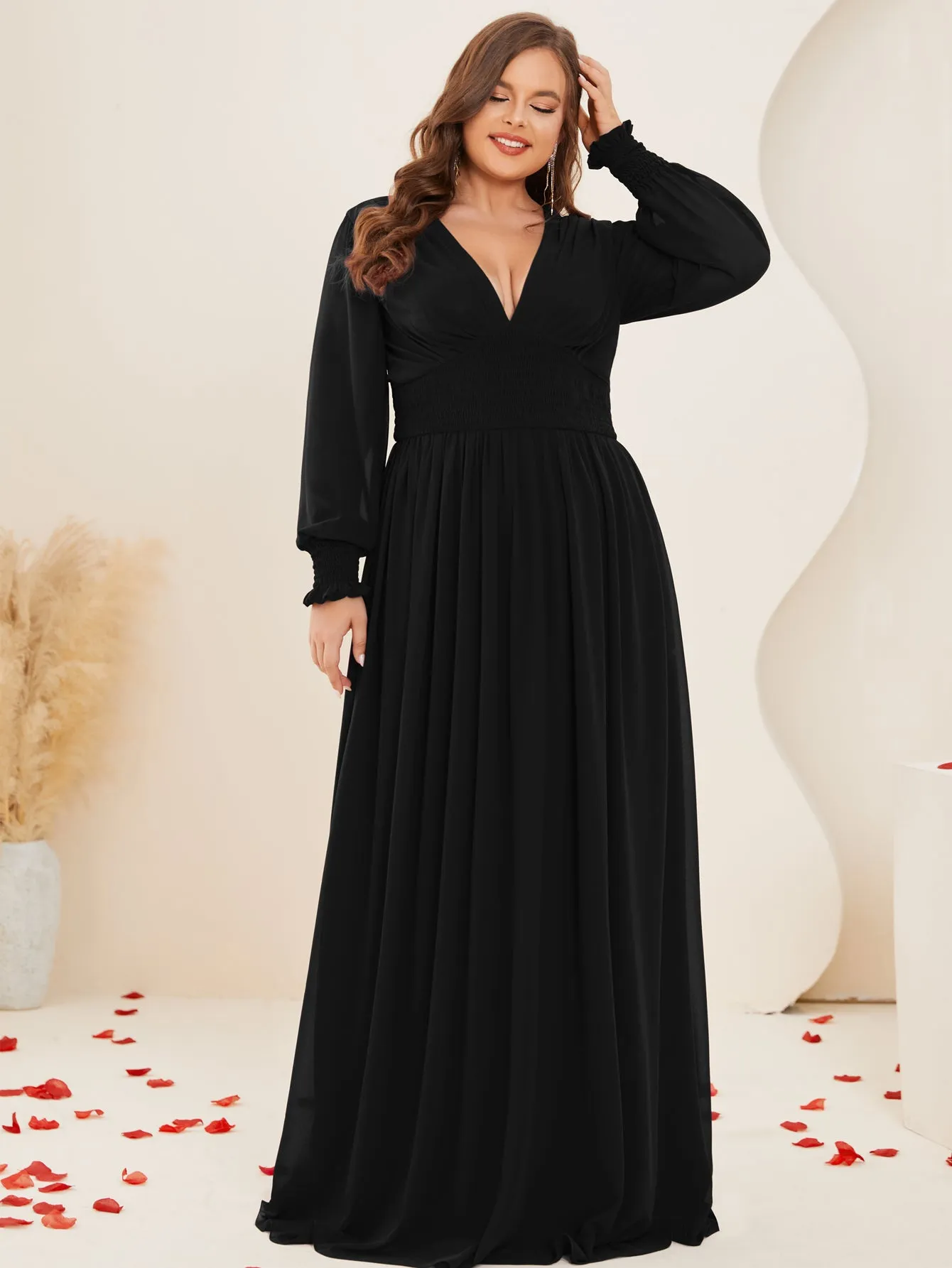 Women Plus Size V-neck Chiffon Long Sleeve Evening Dresses for Bridesmaid Party