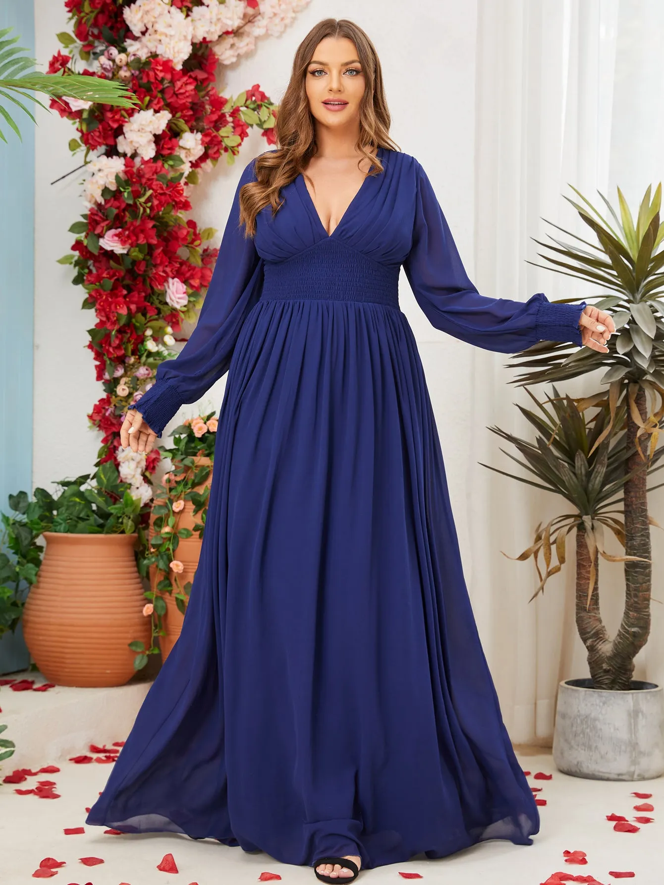 Women Plus Size V-neck Chiffon Long Sleeve Evening Dresses for Bridesmaid Party