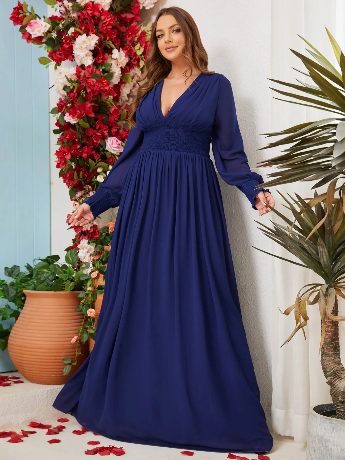 Women Plus Size V-neck Chiffon Long Sleeve Evening Dresses for Bridesmaid Party