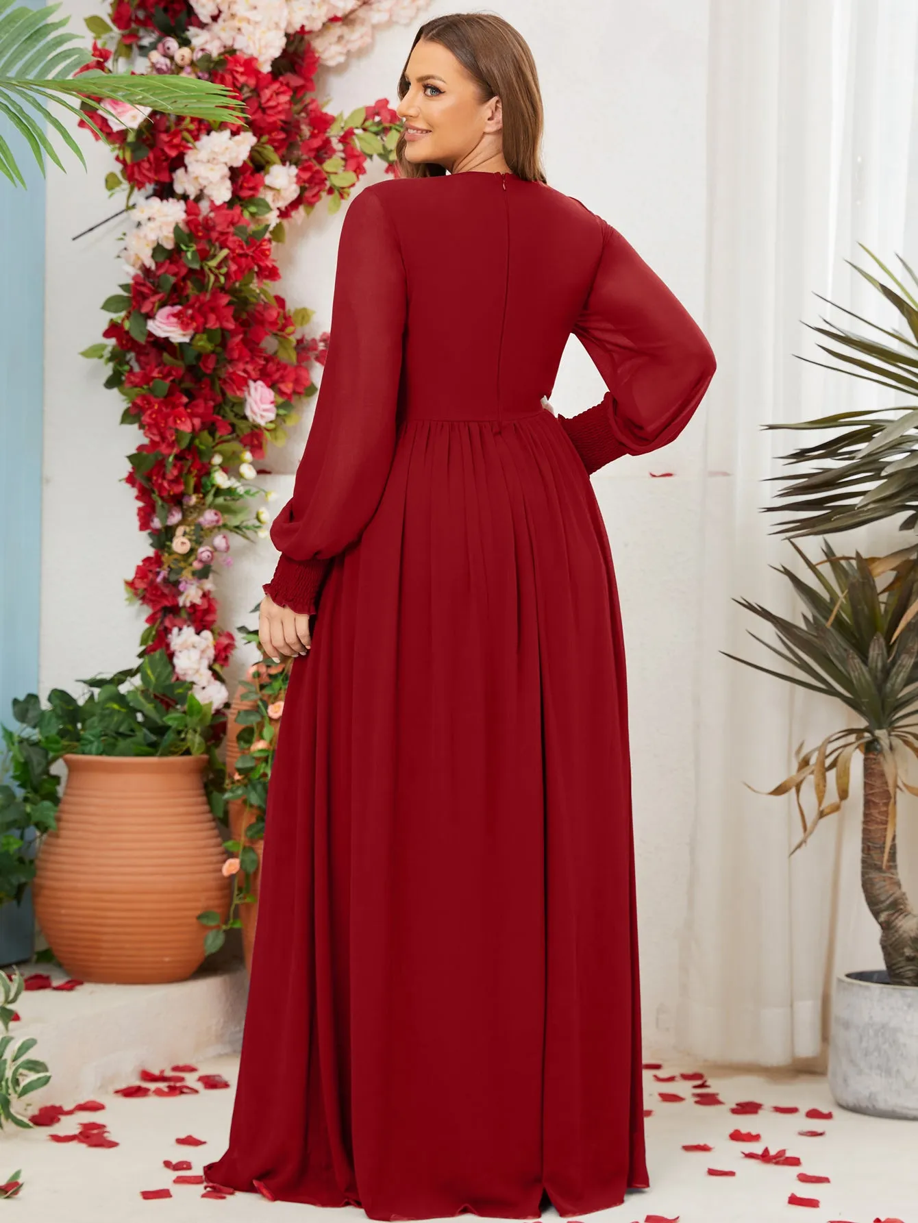 Women Plus Size V-neck Chiffon Long Sleeve Evening Dresses for Bridesmaid Party