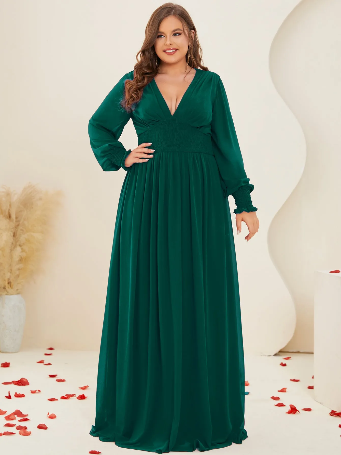 Women Plus Size V-neck Chiffon Long Sleeve Evening Dresses for Bridesmaid Party