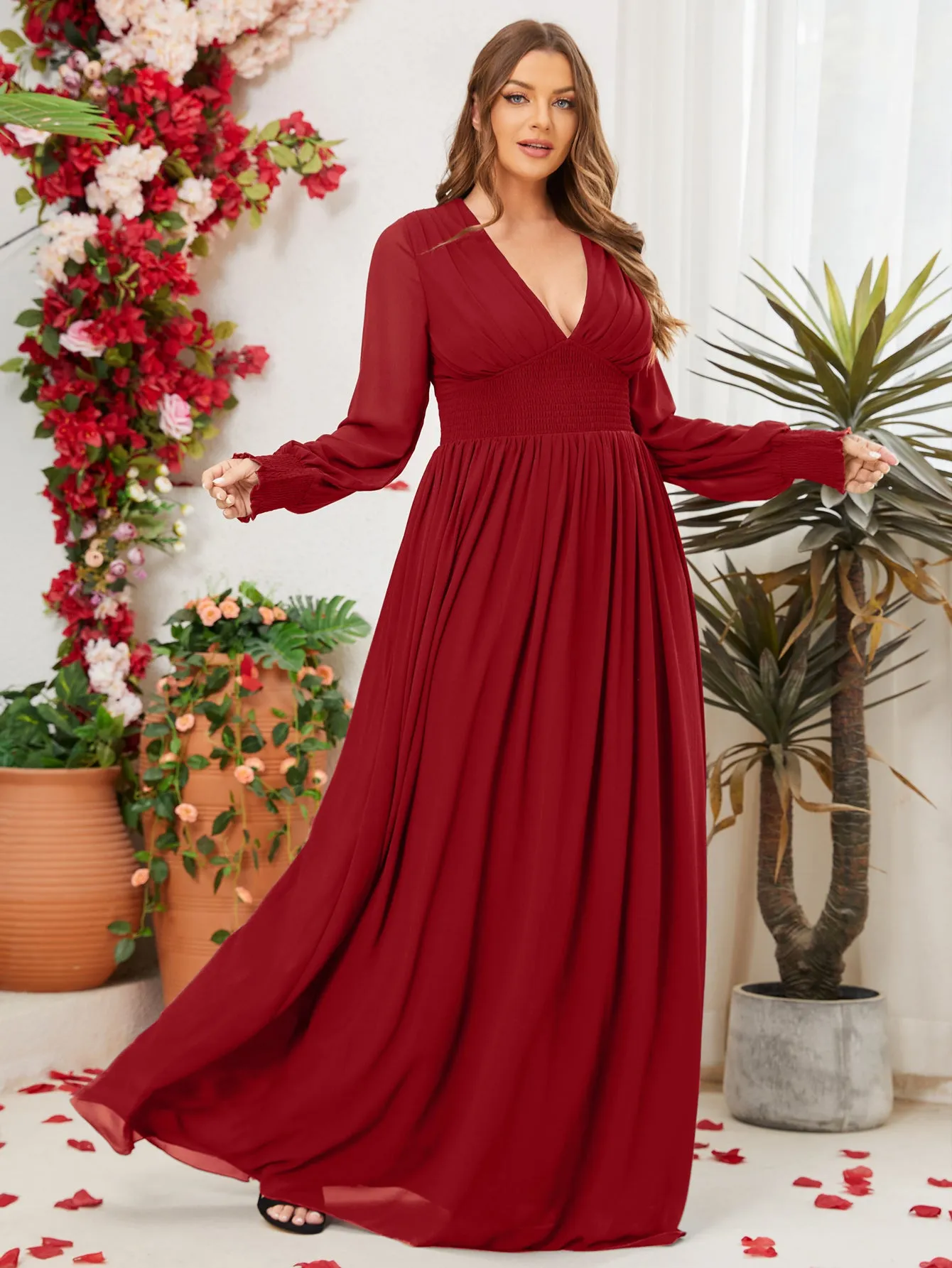 Women Plus Size V-neck Chiffon Long Sleeve Evening Dresses for Bridesmaid Party