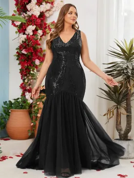 Women Plus Size V-neck Sequins Tulle Formal Evening Party Dresses