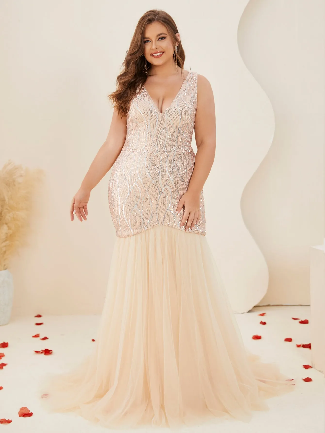 Women Plus Size V-neck Sequins Tulle Formal Evening Party Dresses