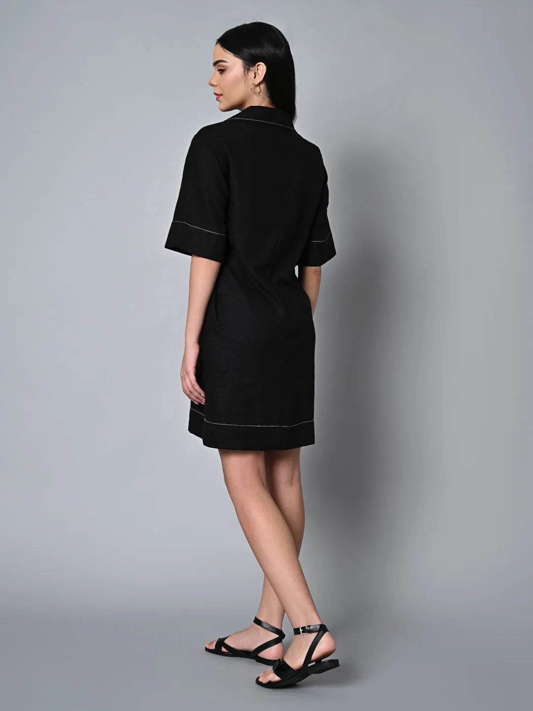 Women's Black Linen Viscose Regular Fit Dress